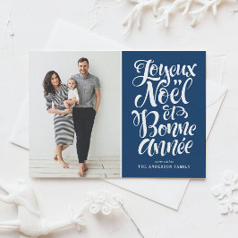 Navy Blue Joyeux Noël und Bonne Année Script-Foto Feiertagskarte
