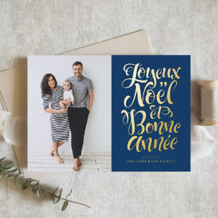 Navy Blue Joyeux Noël und Bonne Année Script-Foto Folien Feiertagskarte