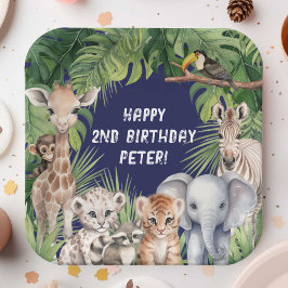 Navy Blue Jungle Animal Themed Safari 2. Geburtsta Pappteller