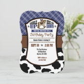 Navy Blue Kariert Cowhide Cowboy Birthday Einladun Einladung (Stehend Vorderseite)