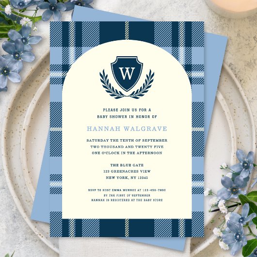 Navy Blue Kariert Monogram Boy's Baby Shower Einladung