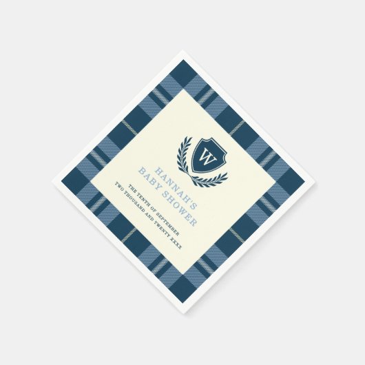Navy Blue Kariert Monogram Boy's Baby Shower Serviette (Ecke)