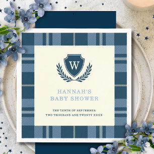 Navy Blue Kariert Monogram Boy's Baby Shower Serviette