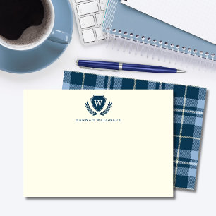 Navy Blue Kariert Monogram Correspondence Mitteilungskarte