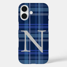 Navy Blue Kariert Tartan Niedlich Retro Monogram iPhone 16 Hülle