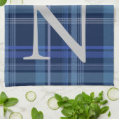 Navy Blue Kariert Tartan Niedlich Retro Monogram Geschirrtuch (Gefaltet)