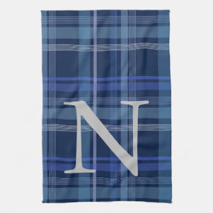 Navy Blue Kariert Tartan Niedlich Retro Monogram Geschirrtuch