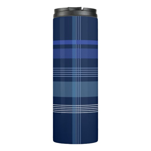 Navy Blue Kariert Tartan Niedlich Retro Monogram Thermosbecher (Rückseite)