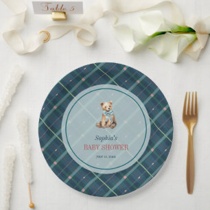 Navy Blue Kariert Teddy Bärenjunge Babydusche Pappteller