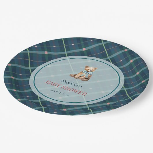 Navy Blue Kariert Teddy Bärenjunge Babydusche Pappteller (Schrägansicht)