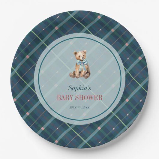 Navy Blue Kariert Teddy Bärenjunge Babydusche Pappteller (Vorderseite)