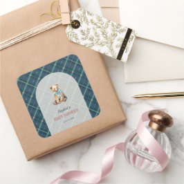 Navy Blue Kariert Teddy Bärenjunge Babydusche Quadratischer Aufkleber