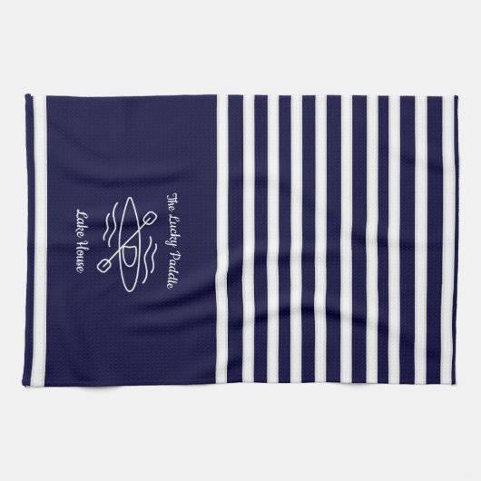 Navy Blue Kayak Monogram Name Lake House Geschirrtuch (Horizontal)