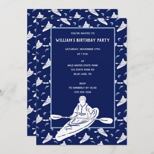 Navy Blue Kayak Pattern Kayaking Themed Party Einladung (Vorne/Hinten)