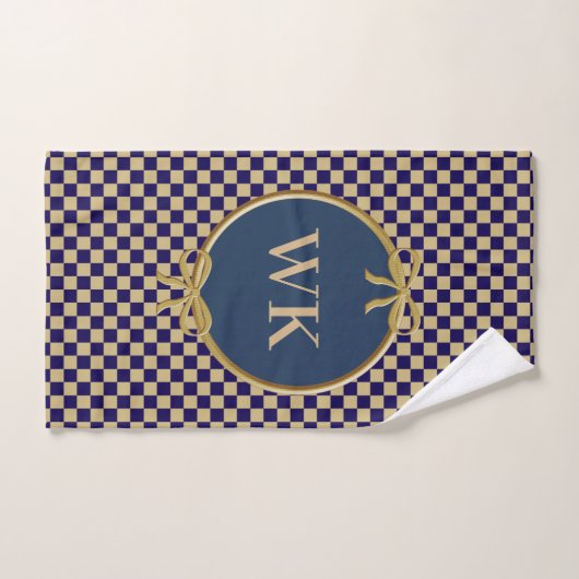 Navy Blue & Khaki Brown Karos & Monogram Handtuch (Handtuch)