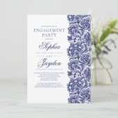 Navy Blue Lace Elegante White Engagement Party Einladung (Stehend Vorderseite)