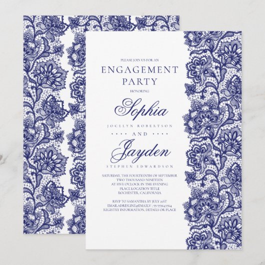 Navy Blue Lace Elegante White Engagement Party Einladung (Vorne/Hinten)