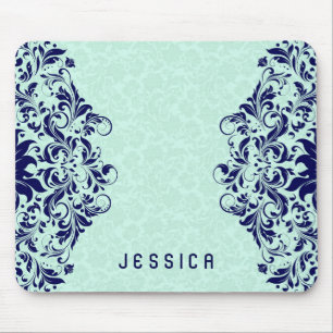 Navy Blue Lace Minze Green Damasks Mousepad