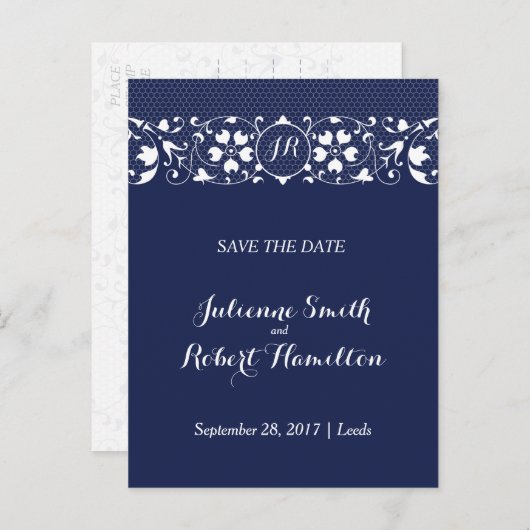 Navy Blue Lace Monogram Save the Date Postcard Ankündigungspostkarte (Vorne/Hinten)