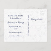 Navy Blue Lace Monogram Save the Date Postcard Ankündigungspostkarte (Rückseite)
