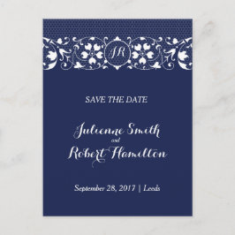 Navy Blue Lace Monogram Save the Date Postcard Ankündigungspostkarte