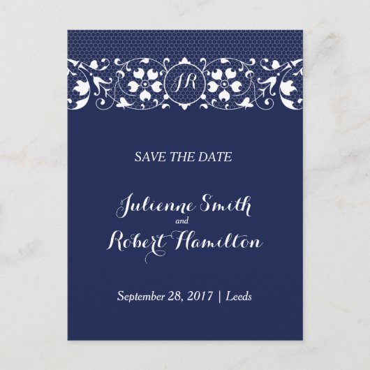Navy Blue Lace Monogram Save the Date Postcard Ankündigungspostkarte (Vorderseite)