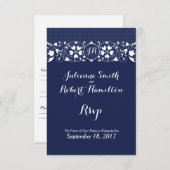 Navy Blue Lace Monogram Wedding RSVP (Vorne/Hinten)