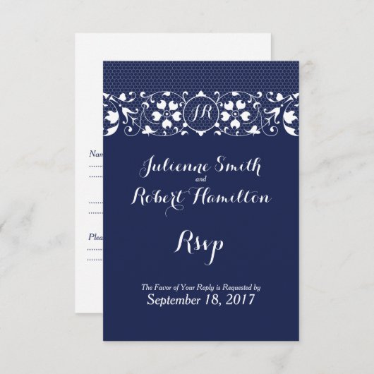 Navy Blue Lace Monogram Wedding RSVP (Vorne/Hinten)