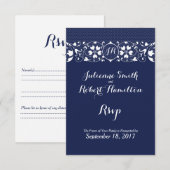 Navy Blue Lace Monogram Wedding RSVP Karte (Vorne/Hinten)