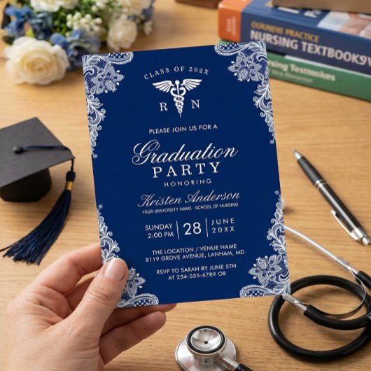 Navy Blue Lace Nursing School Graduation Party Einladung