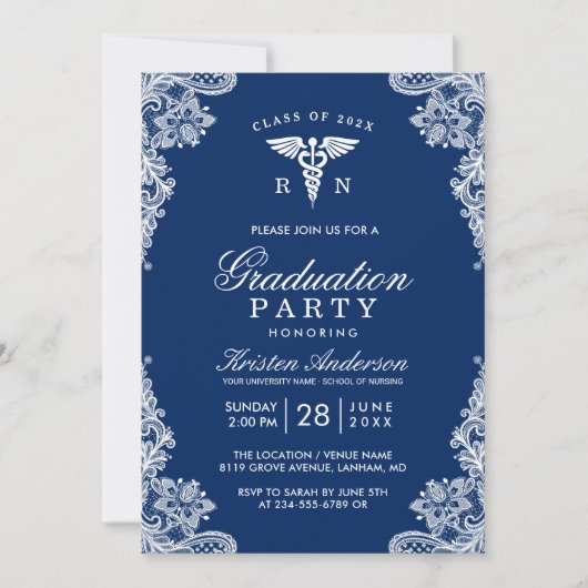 Navy Blue Lace Nursing School Graduation Party Einladung (Vorderseite)