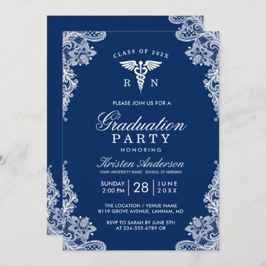 Navy Blue Lace Nursing School Graduation Party Einladung (Vorne/Hinten)