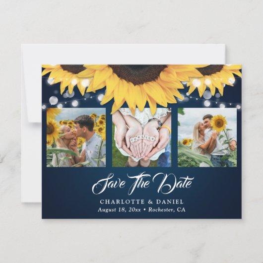 Navy Blue Lace Sunflower 3 Foto Save the Date (Vorderseite)