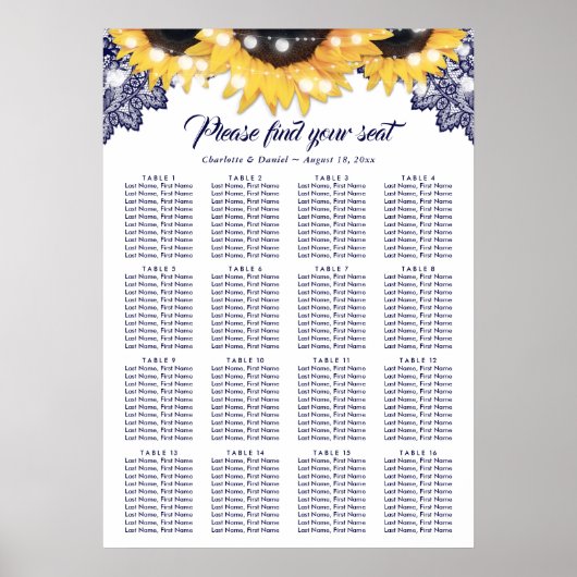 Navy Blue Lace Sunflower Wedding Seating Chart 16 Poster (Vorne)