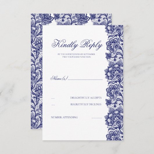 Navy Blue Lace Wedding RSVP (Vorne/Hinten)