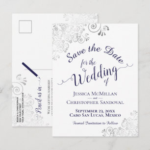 Navy Blue Lacy Silver Wedding Save the Date White Ankündigungspostkarte