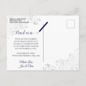 Navy Blue Lacy Silver Wedding Save the Date White Ankündigungspostkarte (Rückseite)