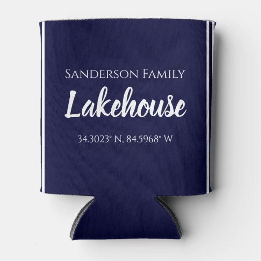 Navy Blue Lakehouse Familienname Karte Koordinaten Dosenkühler (Vorderseite)