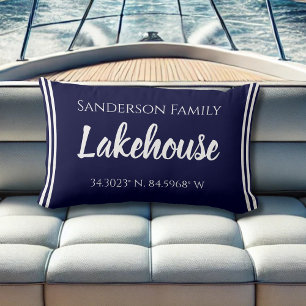 Navy Blue Lakehouse Familienname Map Corinates Lum Lendenkissen