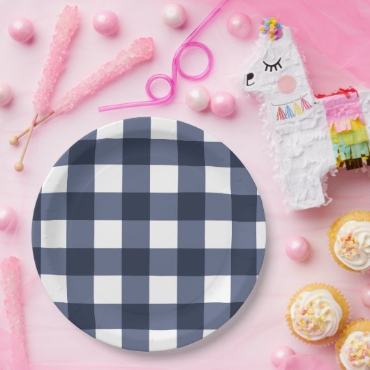 Navy Blue Large Classic Gingham Karo Kariert Pappteller (Party)