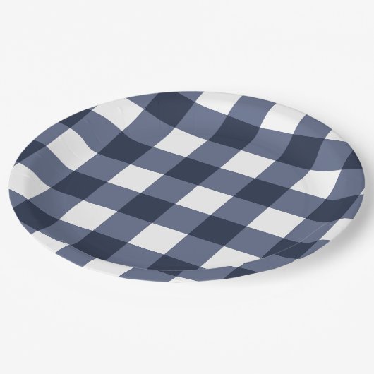 Navy Blue Large Classic Gingham Karo Kariert Pappteller (Schrägansicht)