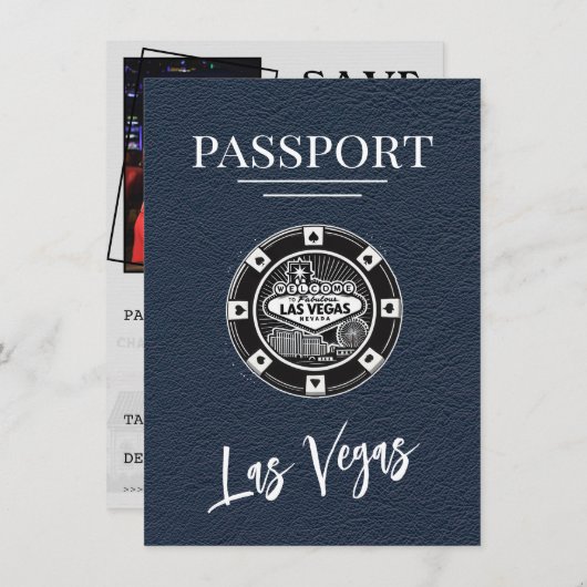 Navy Blue Las Vegas Passport Save the Date (Vorne/Hinten)