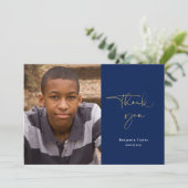 Navy Blue Lässig Script Foto Abschluss Vielen Dank Dankeskarte (Stehend Vorderseite)