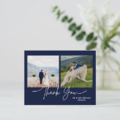 Navy Blue Lässig Script Foto Hochzeit Vielen Dank Postkarte (Stehend Vorderseite)