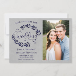 Navy Blue Laurel Verlasse Rustic Gray Wedding Foto Save The Date