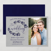 Navy Blue Laurel Verlasse Rustic Gray Wedding Foto Save The Date (Vorne/Hinten)