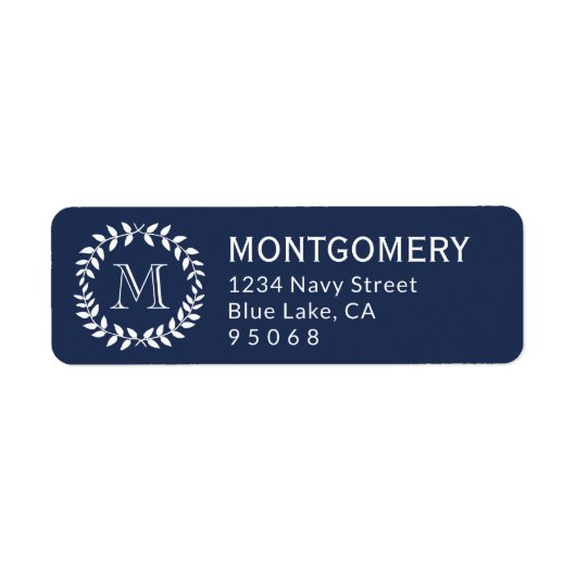 Navy Blue Laurel Wreath Monogram Rücksendeadresse (Vorne)