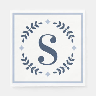 Navy Blue Laurel Wreath Monogram Serviette