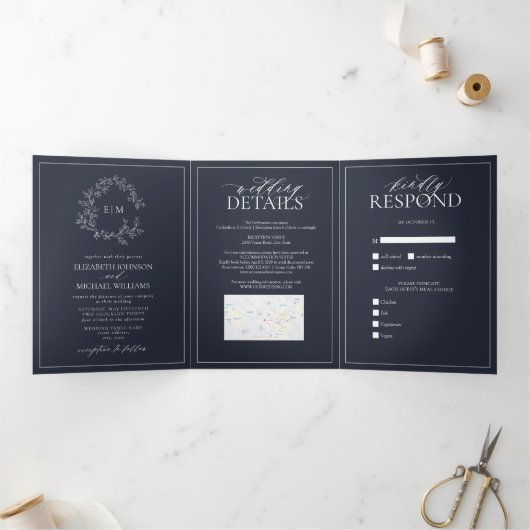 Navy Blue Leafy Crest Monogram Wedding Dreifach Gefaltete Einladung (Innenseite)