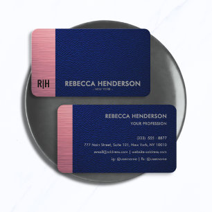 Navy-Blue-Leder & Metallic-Pink-Panel-Monogramm Visitenkarte
